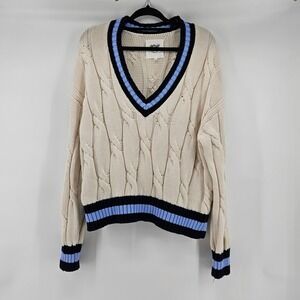 Aerie Womens Oversized Slouchy Chunky Cable Knit Sweater‎ Preppy Academia Medium